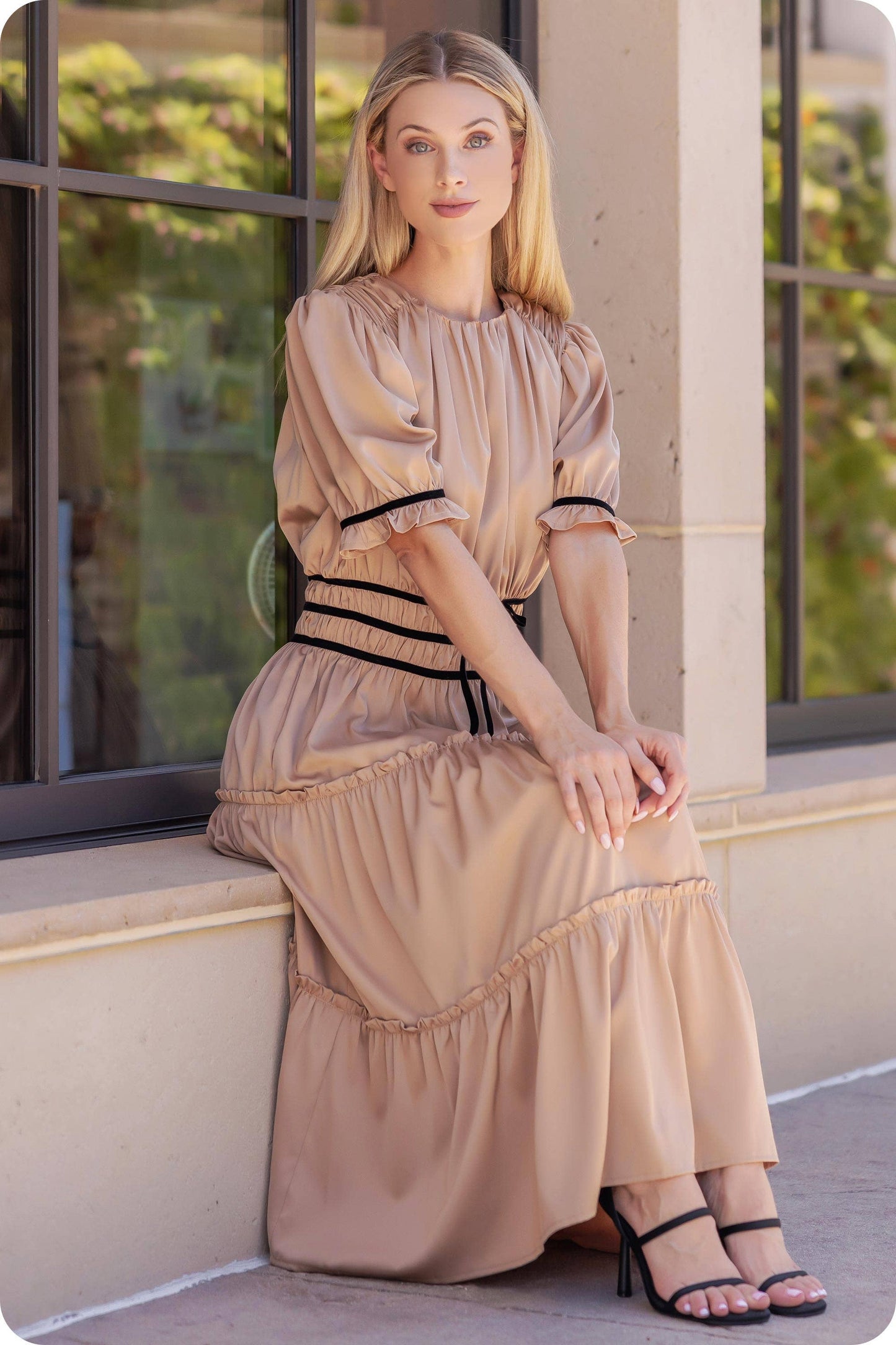 Velvet Trim Ruched Satin Midi Dress