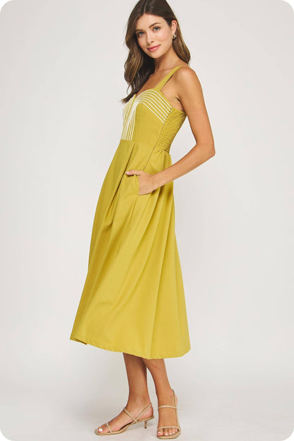 Braid Embroidery Detail Pleated Midi Dress