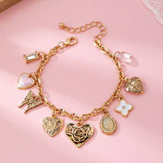 Gold Charm Bracelet with Hearts & Flowers