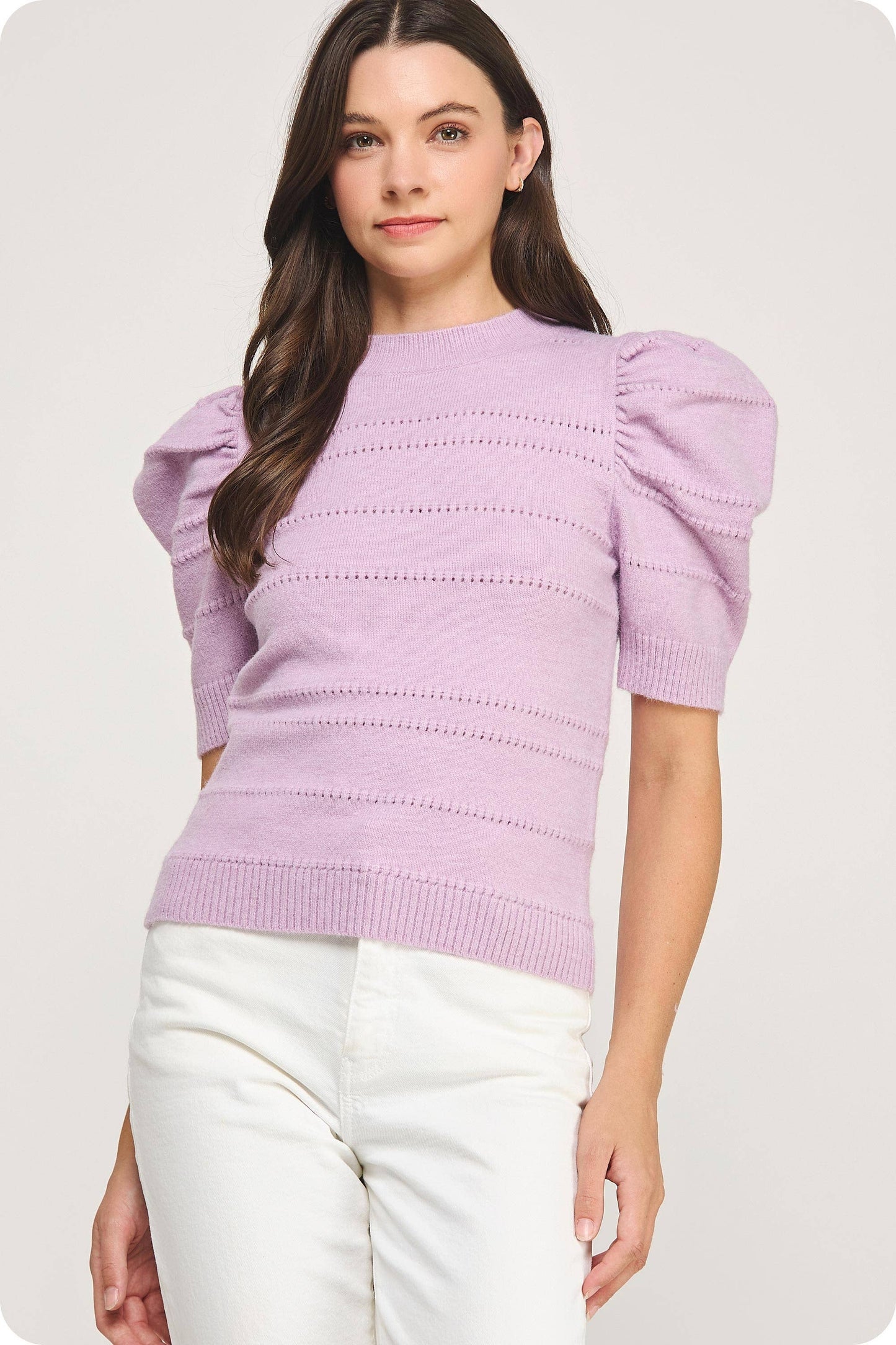 Mock Neck Puff Sleeve Pointelle Knit Sweater Top