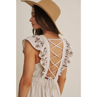 SUNNY AFTERNOON EMBROIDERED RUFFLE MINI WITH LACE UP BACK