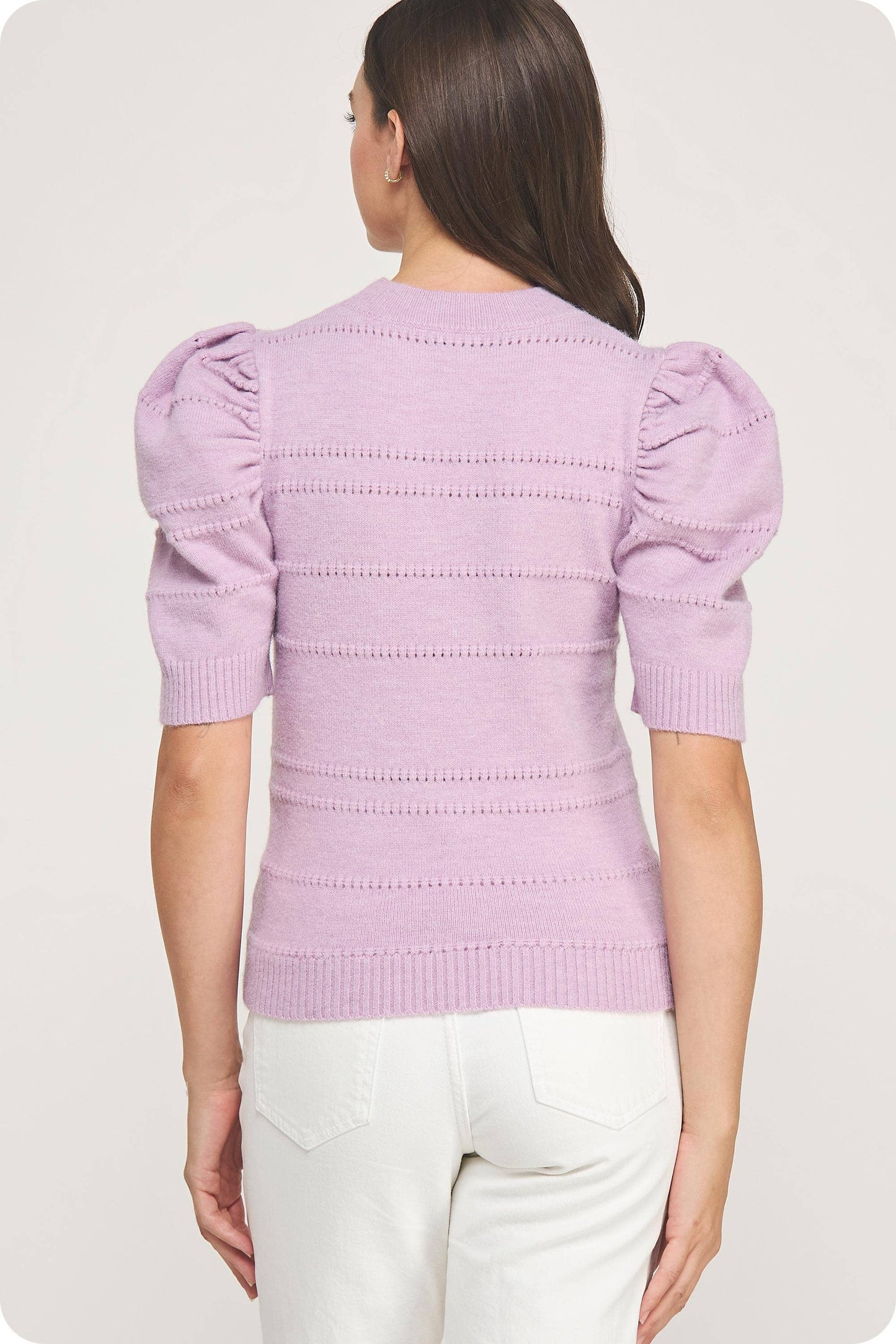 Mock Neck Puff Sleeve Pointelle Knit Sweater Top