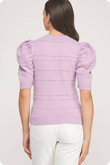 Mock Neck Puff Sleeve Pointelle Knit Sweater Top
