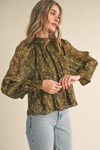 FLORAL LUREX BALLOON SLEEVE TOP