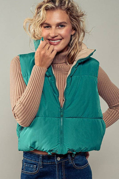 Cozy N Cute Reversible Stand Collar Cropped Puffer Vest