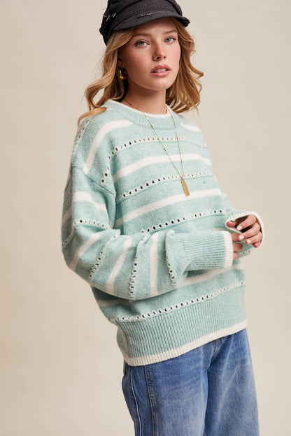 Striped Open-Stitch Pullover Sweater LSW1015