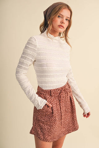 SHIRRED LONG SLEEVE MOCK NECK TOP