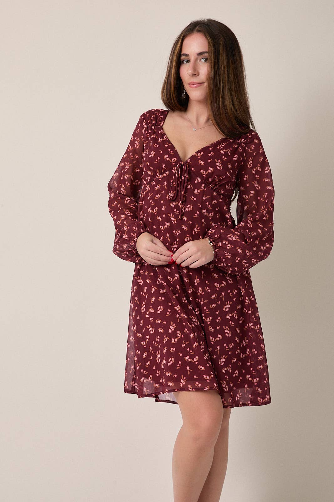 V-NECK LONG SLEEVE BACK SMOCKING FLORAL MINI DRESS