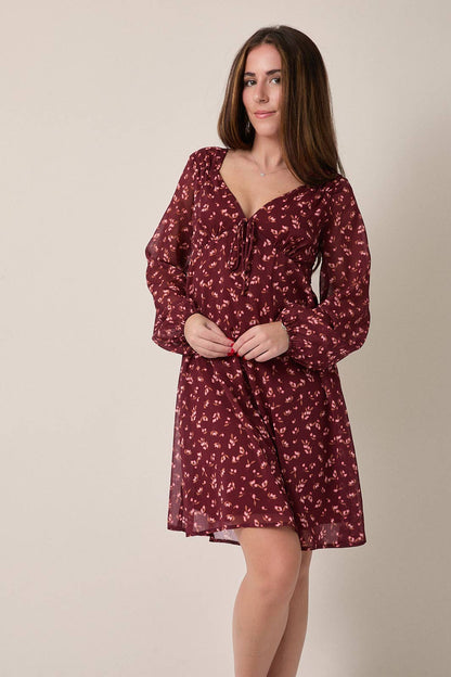 V-NECK LONG SLEEVE BACK SMOCKING FLORAL MINI DRESS