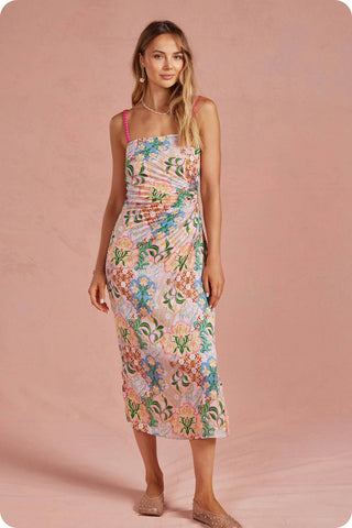 Summer in the Garden Pleated Satin Midi Dress