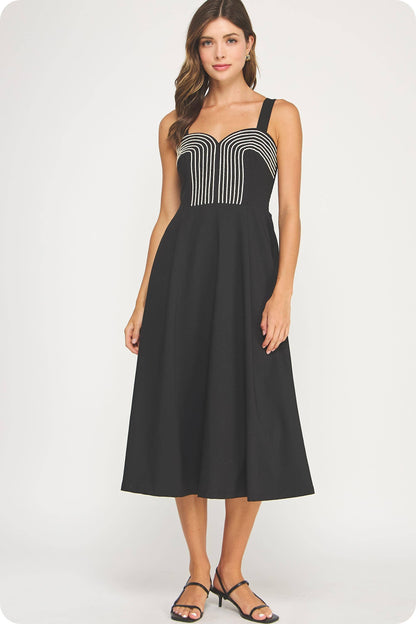 Braid Embroidery Detail Pleated Midi Dress