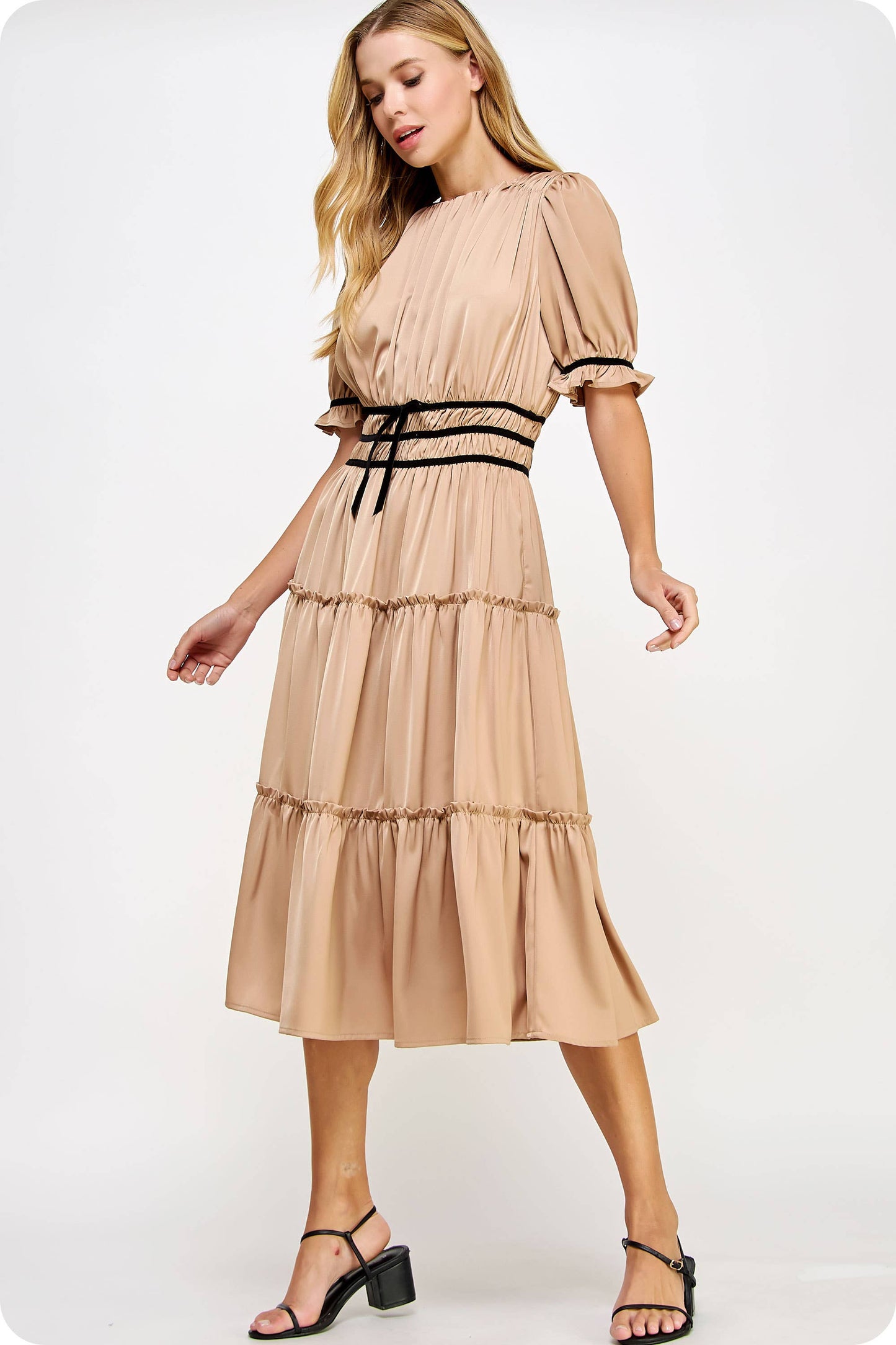 Velvet Trim Ruched Satin Midi Dress