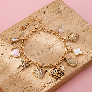 Gold Charm Bracelet with Hearts & Flowers