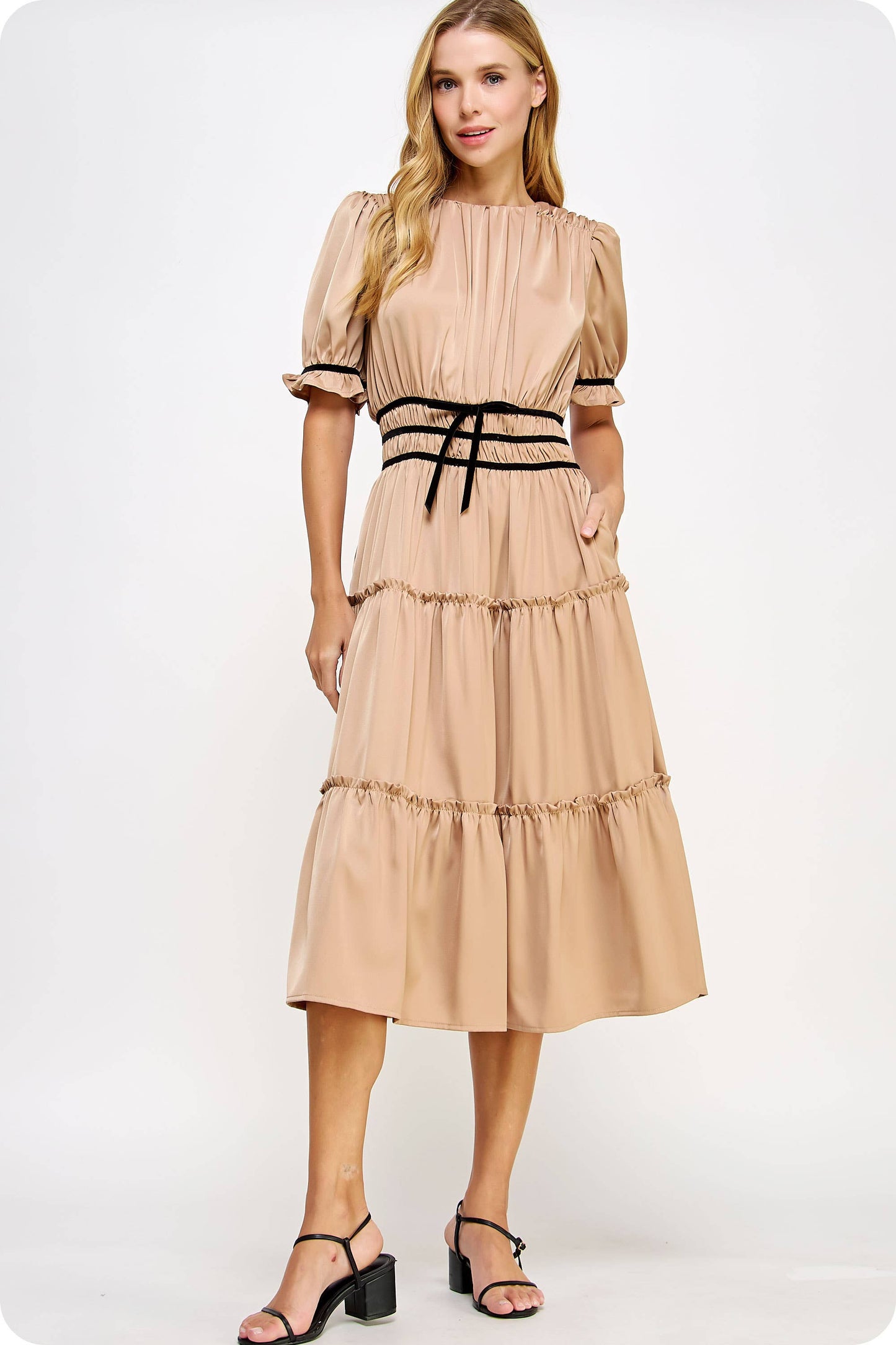 Velvet Trim Ruched Satin Midi Dress