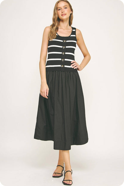 Mixed Media Striped Knit Midi Dress