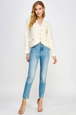 Frayed Trim Textured Cardigan