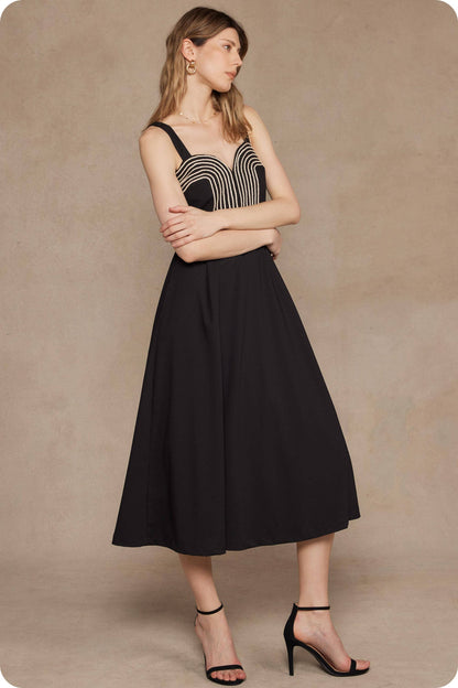 Braid Embroidery Detail Pleated Midi Dress