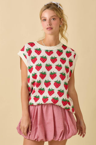 Strawberry Oversized Sleeveless Sweater Knit Top
