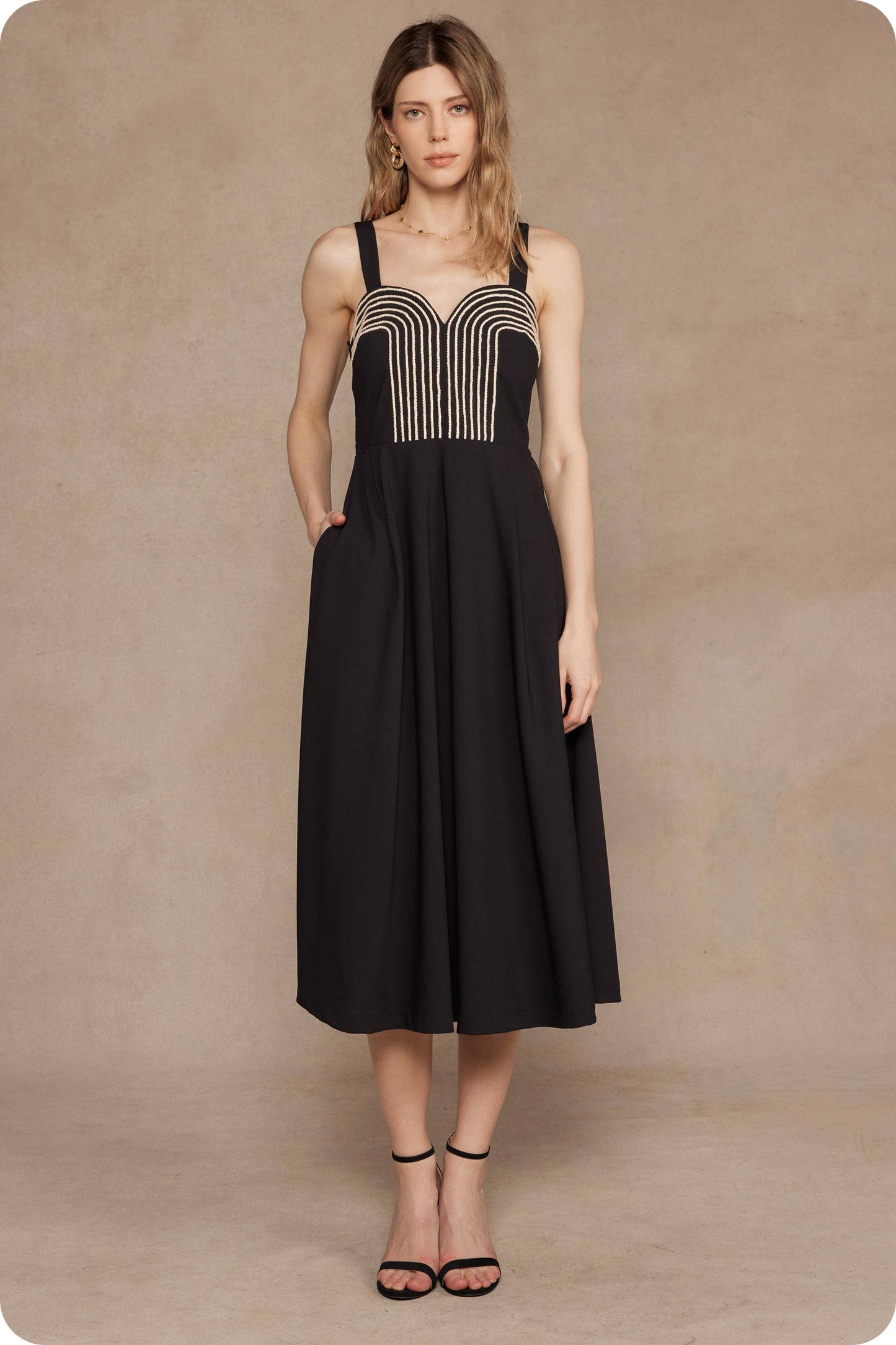 Braid Embroidery Detail Pleated Midi Dress