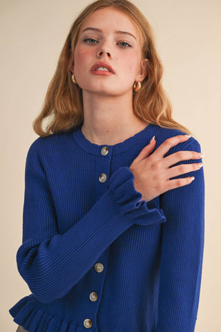 RUFFLE HEM RIBBED KNIT SWEATER CARDIGAN