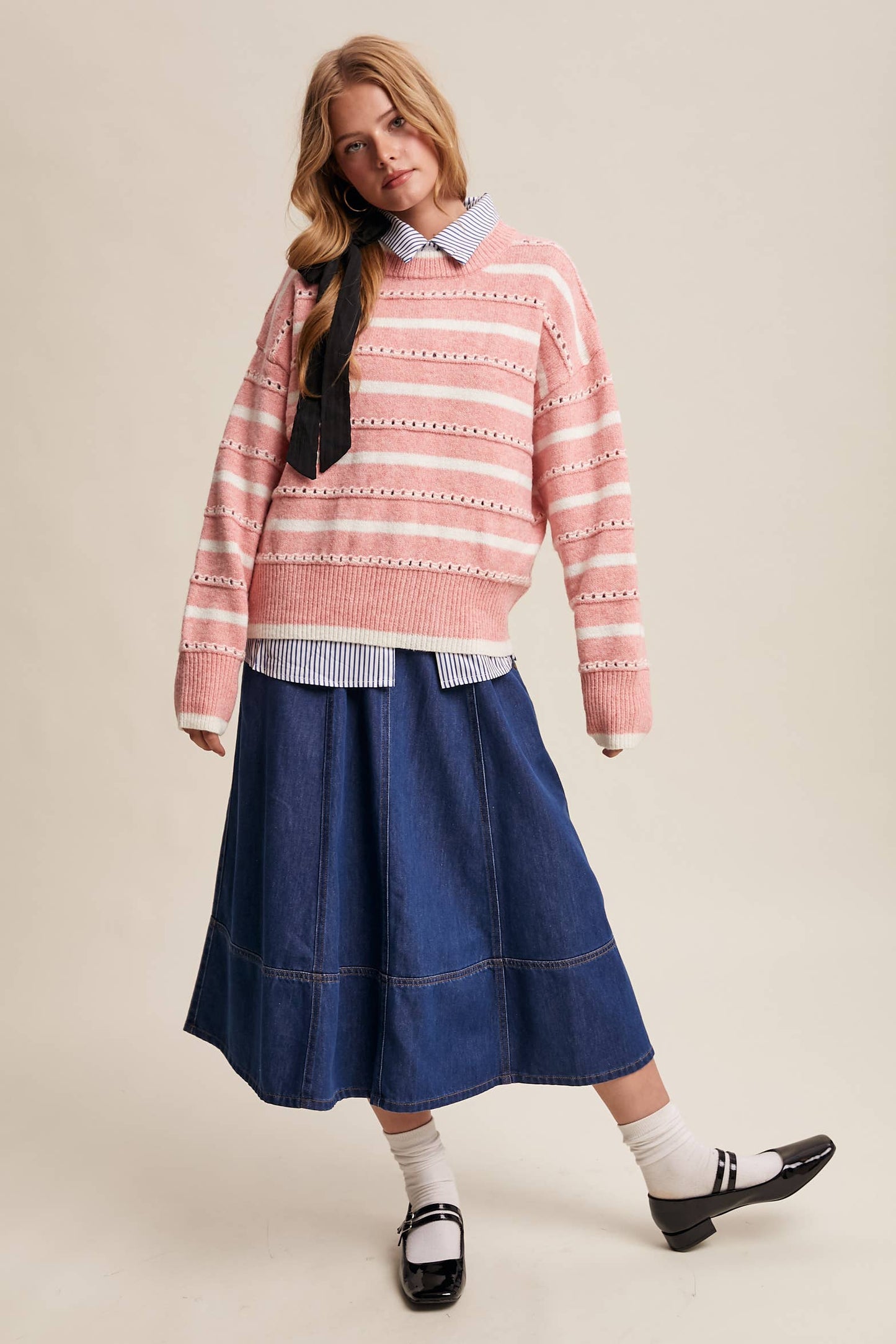 Striped Open-Stitch Pullover Sweater LSW1015