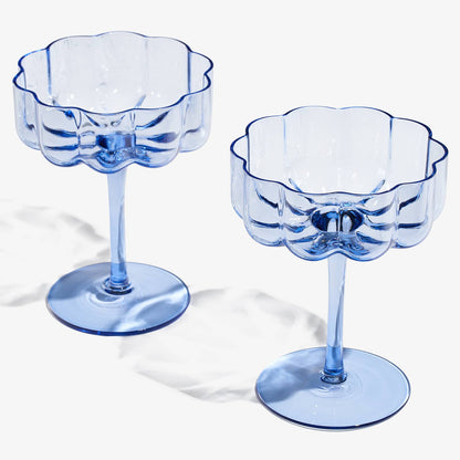 Flower Blue Wave Vintage Champagne Coupe Set of 2 | 7 OZ