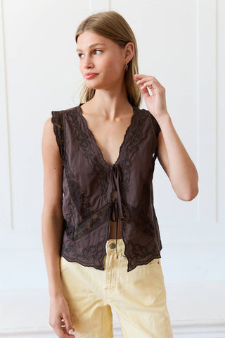 Lace Trim Tie-Front Top