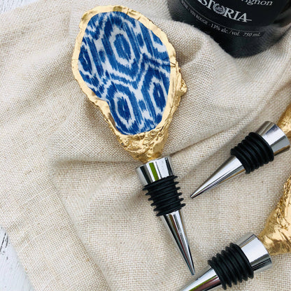 Oyster Shell Wine Stopper--Blue Ikat