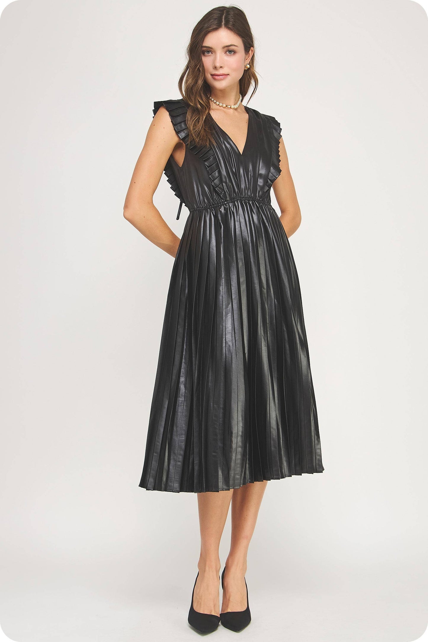 Lady in Luxe Sleeveless Pleated Satin Midi Dress