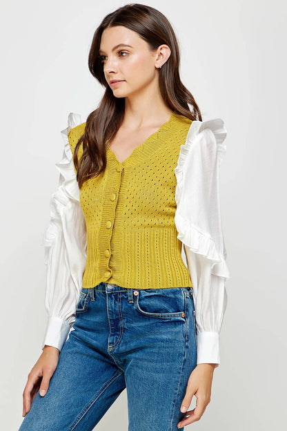 Mixed Fabric Ruffled Sleeve Crochet Knit Sweater