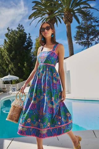 Yori Tropical Pleated Midi Dress