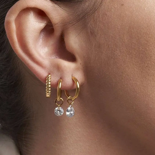 Huggie Hoop- Crystal Drop Charm Hoop Earrings Steel 14K 