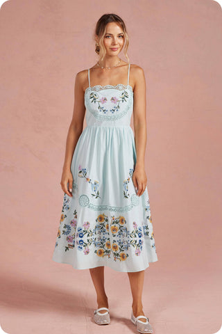 Embroidered Floral Lace Detail Midi Dress
