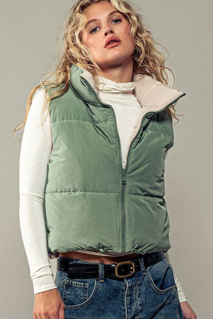 Cozy N Cute Reversible Stand Collar Cropped Puffer Vest