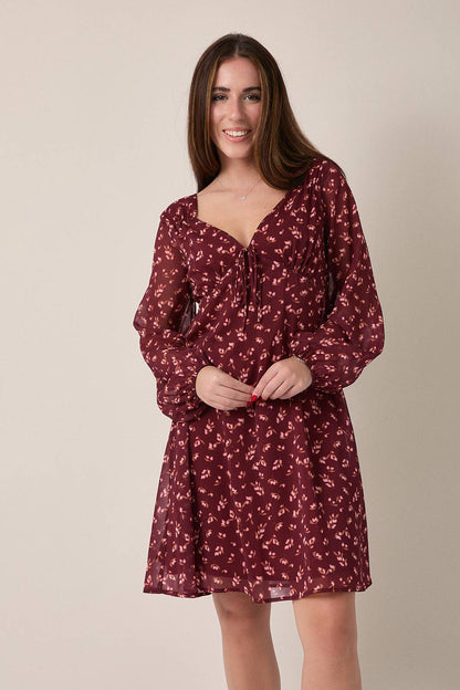V-NECK LONG SLEEVE BACK SMOCKING FLORAL MINI DRESS