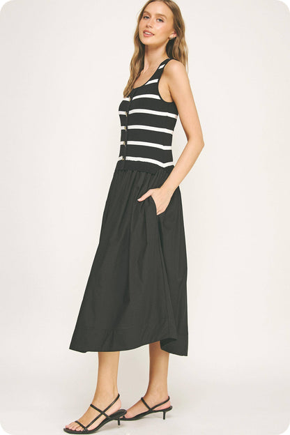 Mixed Media Striped Knit Midi Dress
