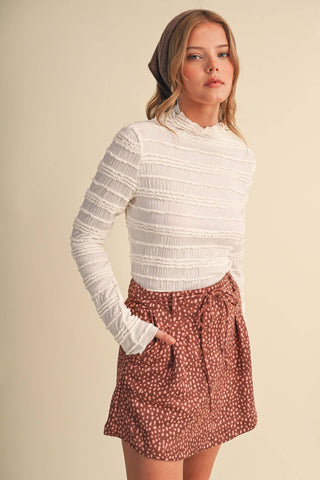 SHIRRED LONG SLEEVE MOCK NECK TOP