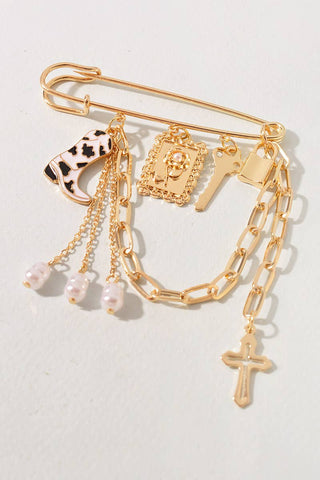 Multi Charm Chain Safety Pin Brooch