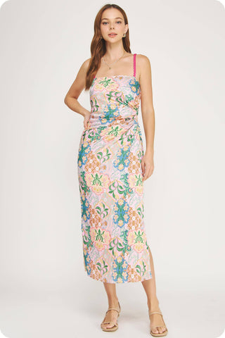 Summer in the Garden Pleated Satin Midi Dress