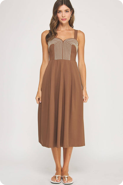 Braid Embroidery Detail Pleated Midi Dress