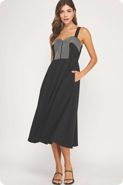 Braid Embroidery Detail Pleated Midi Dress