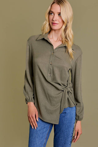 BUTTON UP WAIST TIE DETAIL LONG SLEEVE SHIRT