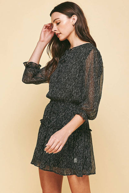 DOTTED RUFFLE 3/4 DRESS - BLACK DOT