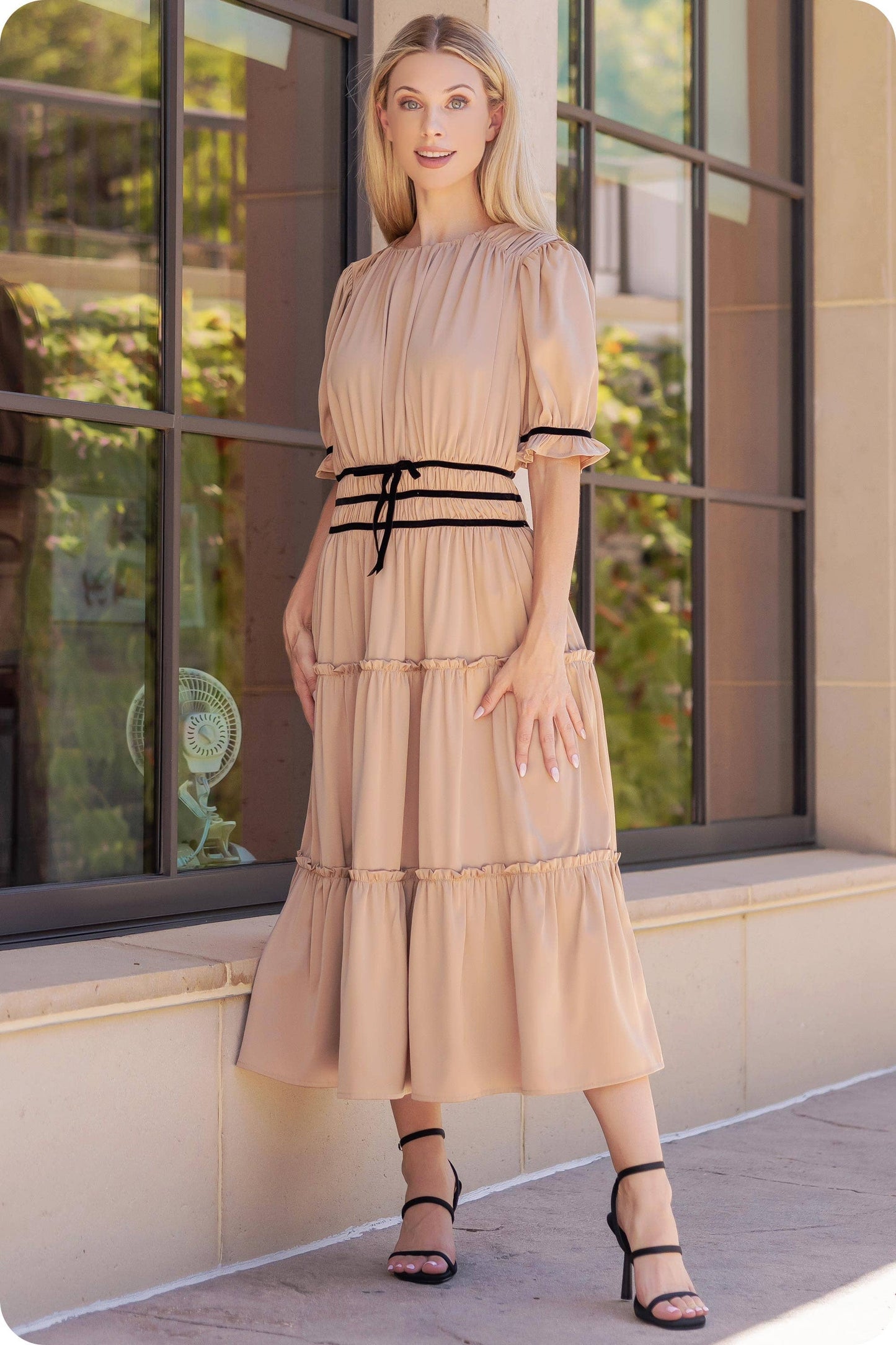 Velvet Trim Ruched Satin Midi Dress