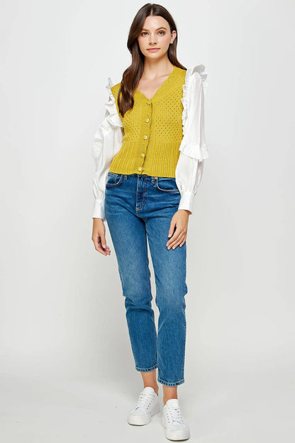 Mixed Fabric Ruffled Sleeve Crochet Knit Sweater