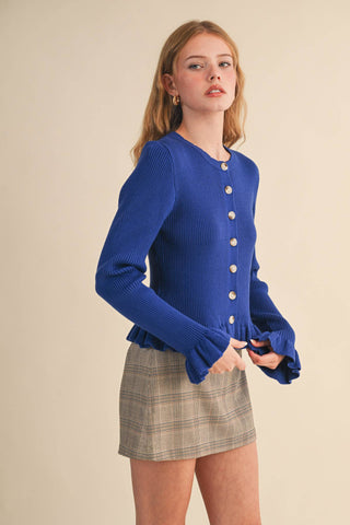RUFFLE HEM RIBBED KNIT SWEATER CARDIGAN