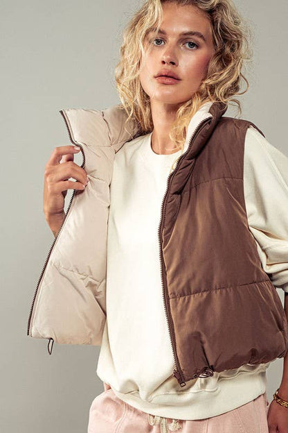Cozy N Cute Reversible Stand Collar Cropped Puffer Vest