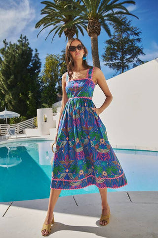 Yori Tropical Pleated Midi Dress