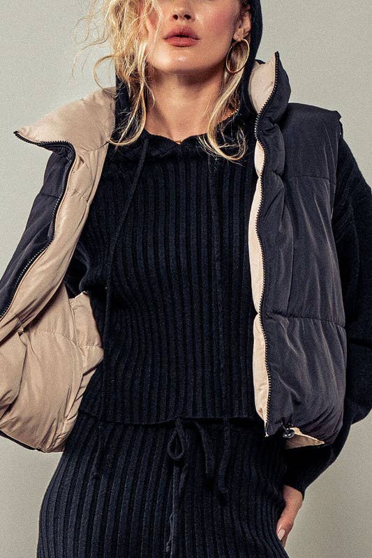 Cozy N Cute Reversible Stand Collar Cropped Puffer Vest