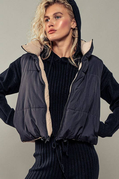 Cozy N Cute Reversible Stand Collar Cropped Puffer Vest